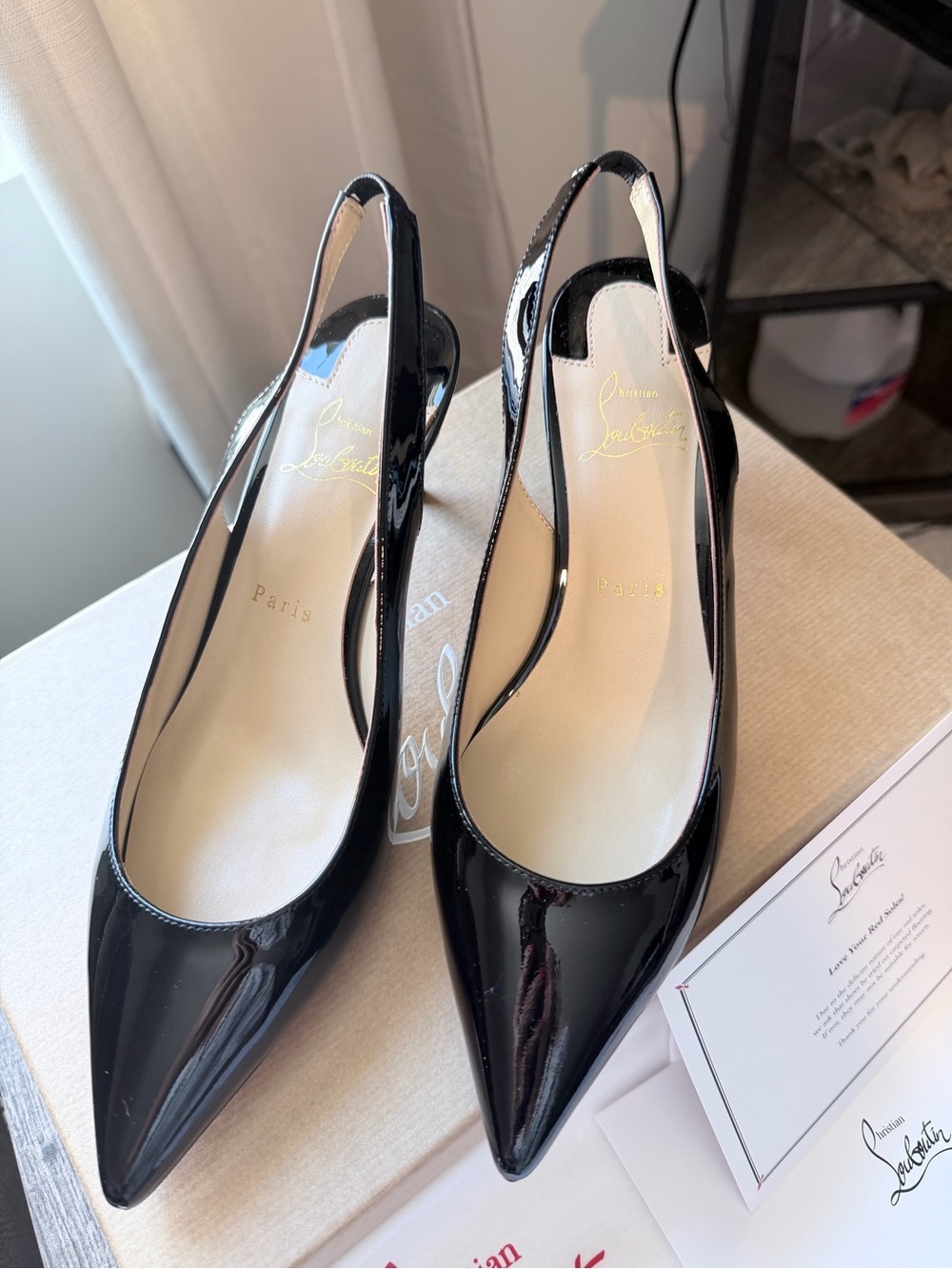 Christian Louboutin Black Patent Leather Pointed Slingback Red bottoms Pumps - Picture 15 of 15